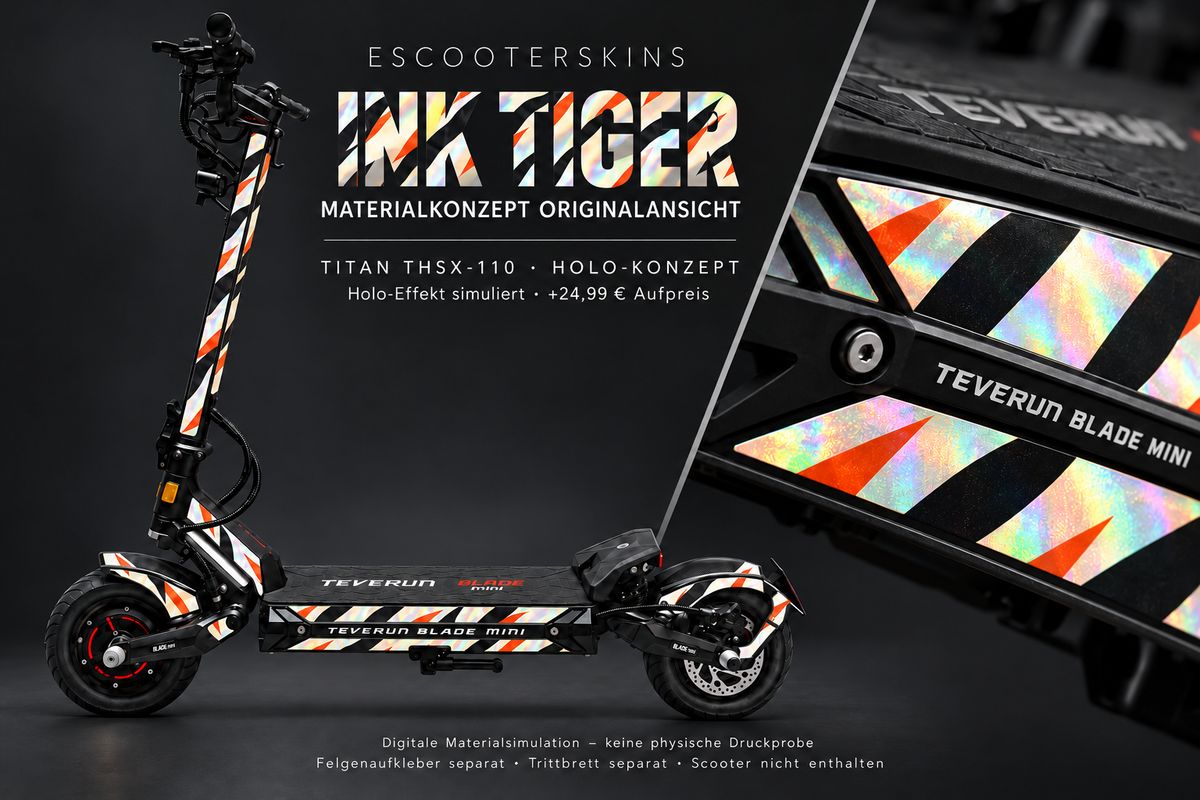 INK TIGER · Holo-Effekt simuliert · +24,99 € Aufpreis · Digitale Materialsimulation, keine physische Druckprobe · Trittbrett und Felgenaufkleber separat · Scooter nicht enthalten
