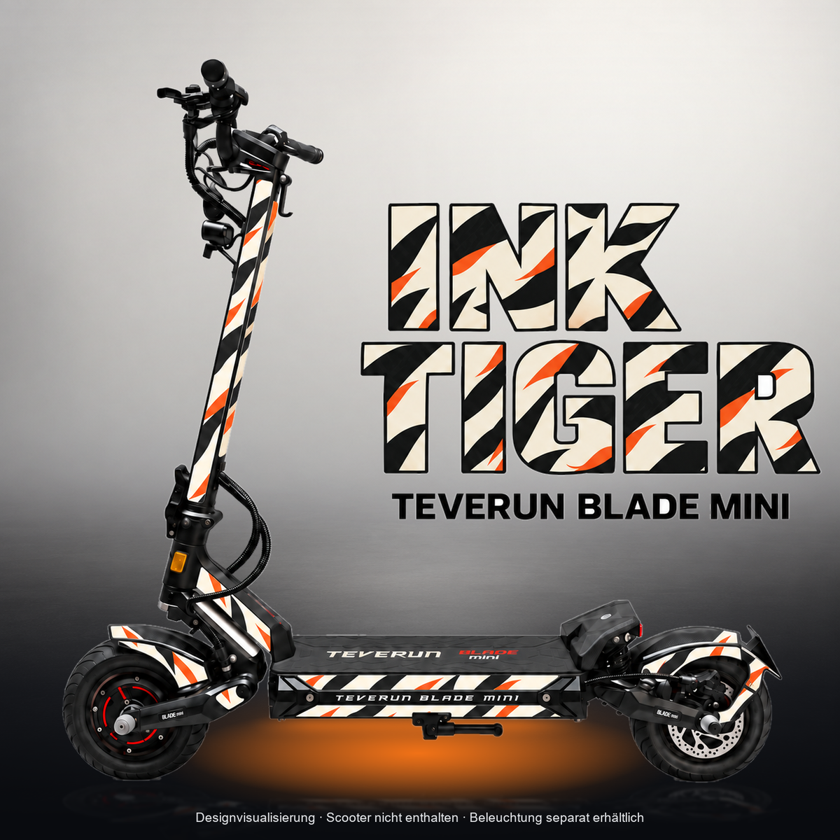 TEVERUN BLADE MINI / PRO / ULTRA SKIN | INK TIGER – Designvisualisierung mit Licht in der Skinfarbe; Scooter nicht enthalten, Beleuchtung separat erhältlich