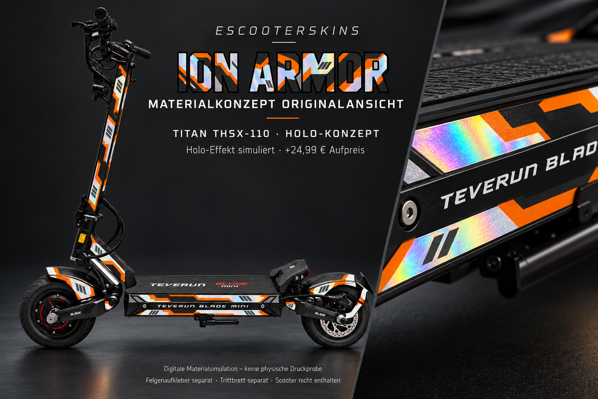 ION ARMOR · Holo-Effekt simuliert · +24,99 € Aufpreis · Digitale Materialsimulation, keine physische Druckprobe · Trittbrett und Felgenaufkleber separat · Scooter nicht enthalten
