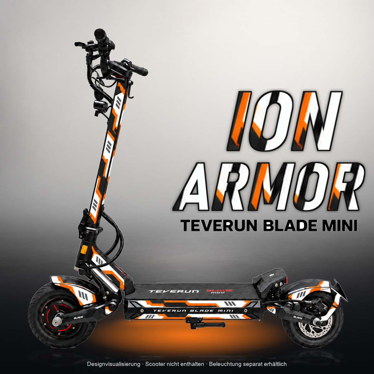 TEVERUN BLADE MINI / PRO / ULTRA SKIN | ION ARMOR – Designvisualisierung mit Licht in der Skinfarbe; Scooter nicht enthalten, Beleuchtung separat erhältlich