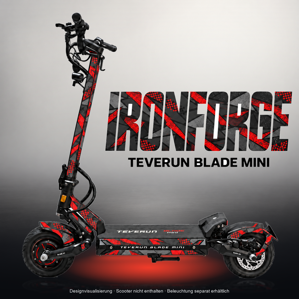 TEVERUN BLADE MINI / PRO / ULTRA SKIN | IRONFORGE – Designvisualisierung mit Licht in der Skinfarbe; Scooter nicht enthalten, Beleuchtung separat erhältlich