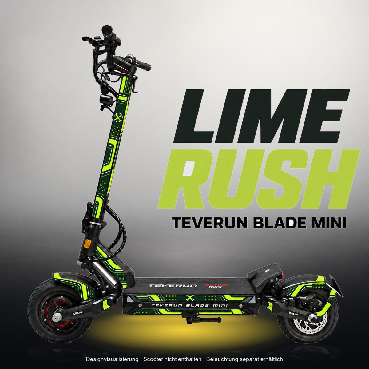 TEVERUN BLADE MINI / PRO / ULTRA SKIN | LIME RUSH – Studiofoto mit Licht in der Skinfarbe; Scooter und Beleuchtung separat erhältlich