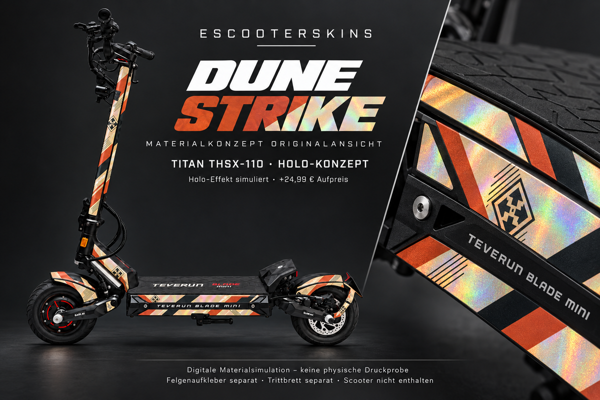 DUNE STRIKE · Holo-Effekt simuliert · +24,99 € Aufpreis · Digitale Materialsimulation, keine physische Druckprobe · Trittbrett und Felgenaufkleber separat · Scooter nicht enthalten