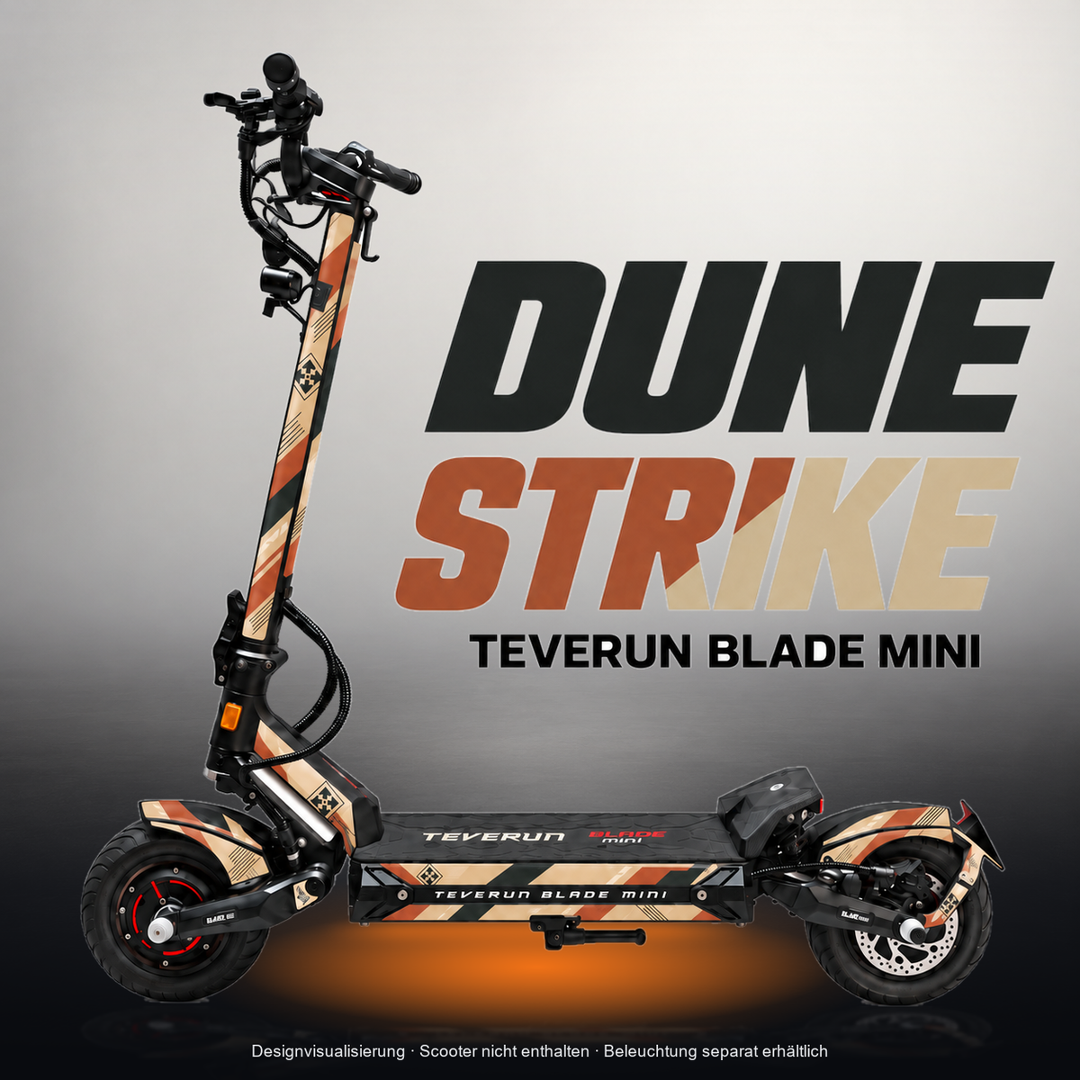 TEVERUN BLADE MINI / PRO / ULTRA SKIN | DUNE STRIKE – Studiofoto mit Licht in der Skinfarbe; Scooter und Beleuchtung separat erhältlich