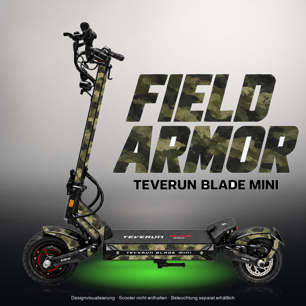 TEVERUN BLADE MINI / PRO / ULTRA SKIN | FIELD ARMOR – Studiofoto mit Licht in der Skinfarbe; Scooter und Beleuchtung separat erhältlich
