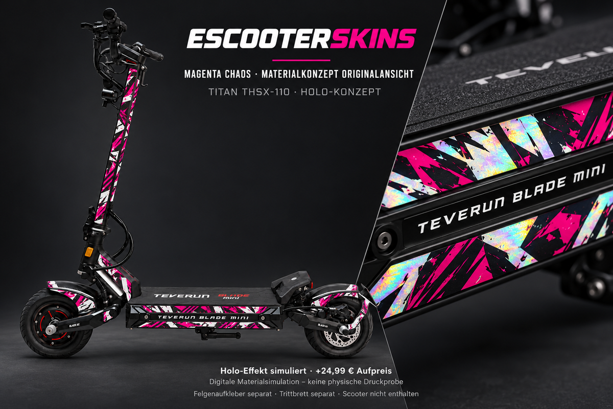 MAGENTA CHAOS · Holo-Effekt simuliert · +24,99 € Aufpreis · Digitale Materialsimulation, keine physische Druckprobe · Trittbrett und Felgenaufkleber separat · Scooter nicht enthalten
