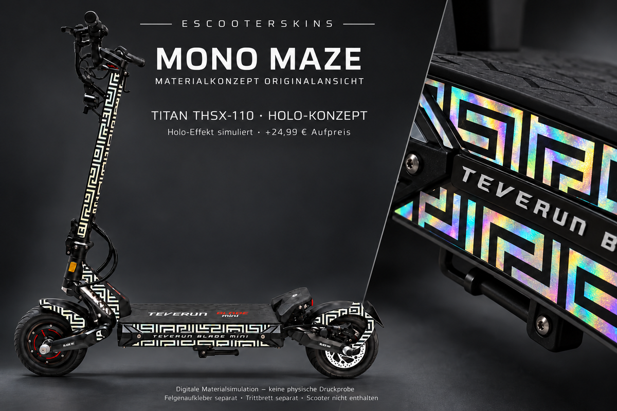 MONO MAZE · Holo-Effekt simuliert · +24,99 € Aufpreis · Digitale Materialsimulation, keine physische Druckprobe · Trittbrett und Felgenaufkleber separat · Scooter nicht enthalten