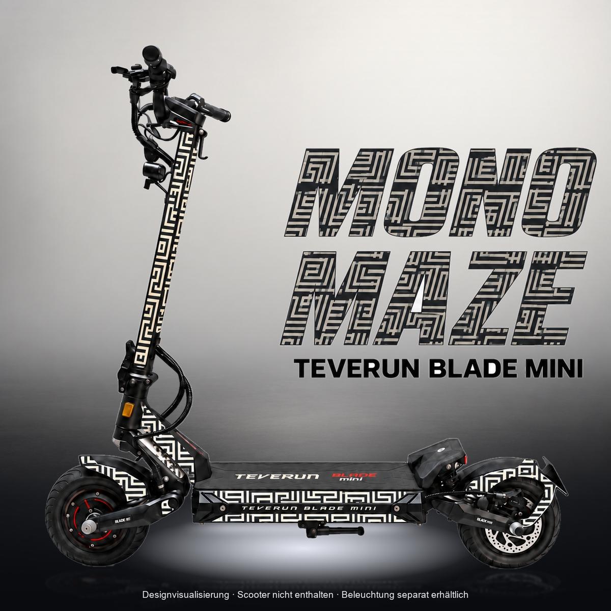 TEVERUN BLADE MINI / PRO / ULTRA SKIN | MONO MAZE – Studiofoto mit Licht in der Skinfarbe; Scooter und Beleuchtung separat erhältlich