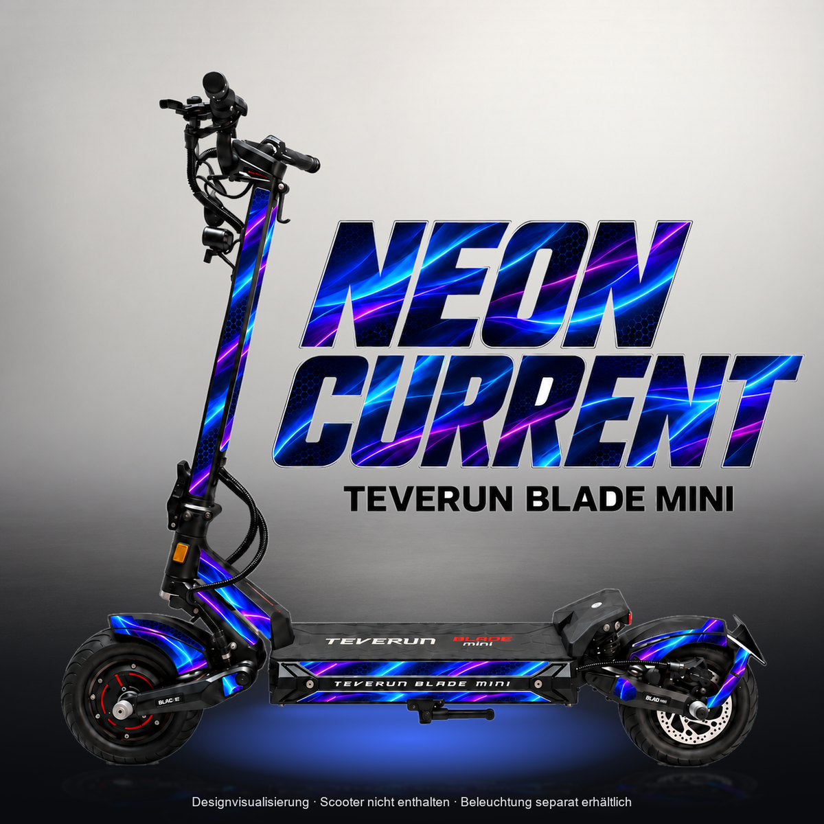 TEVERUN BLADE MINI / PRO / ULTRA SKIN | NEON CURRENT – Studiofoto mit Licht in der Skinfarbe; Scooter und Beleuchtung separat erhältlich