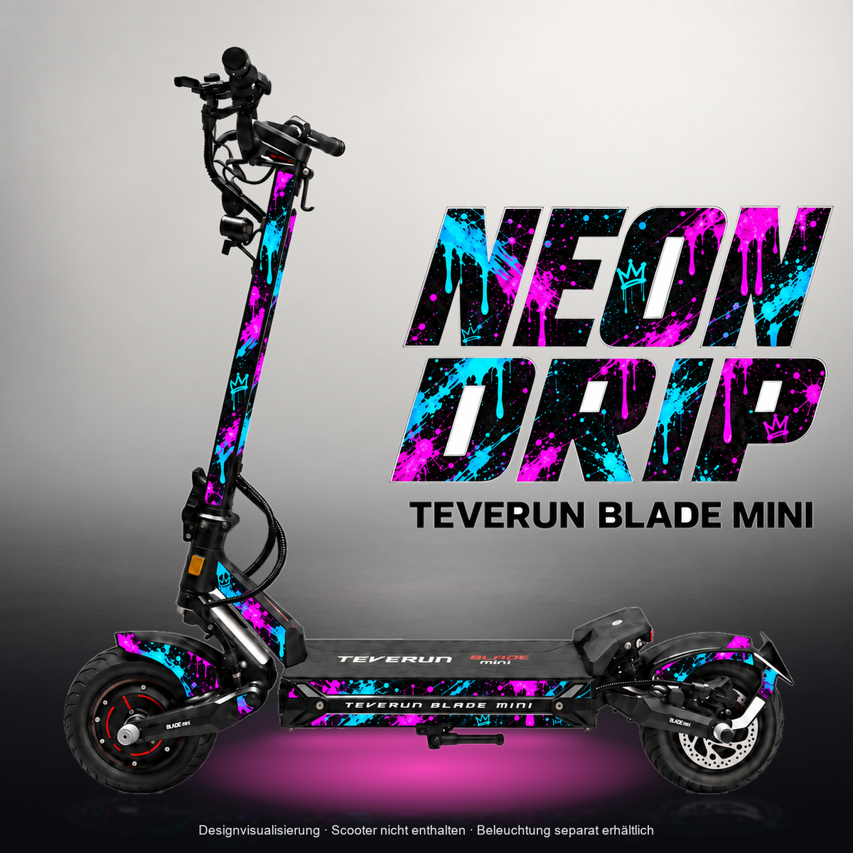 TEVERUN BLADE MINI / PRO / ULTRA SKIN | NEON DRIP – Studiofoto mit Licht in der Skinfarbe; Scooter und Beleuchtung separat erhältlich