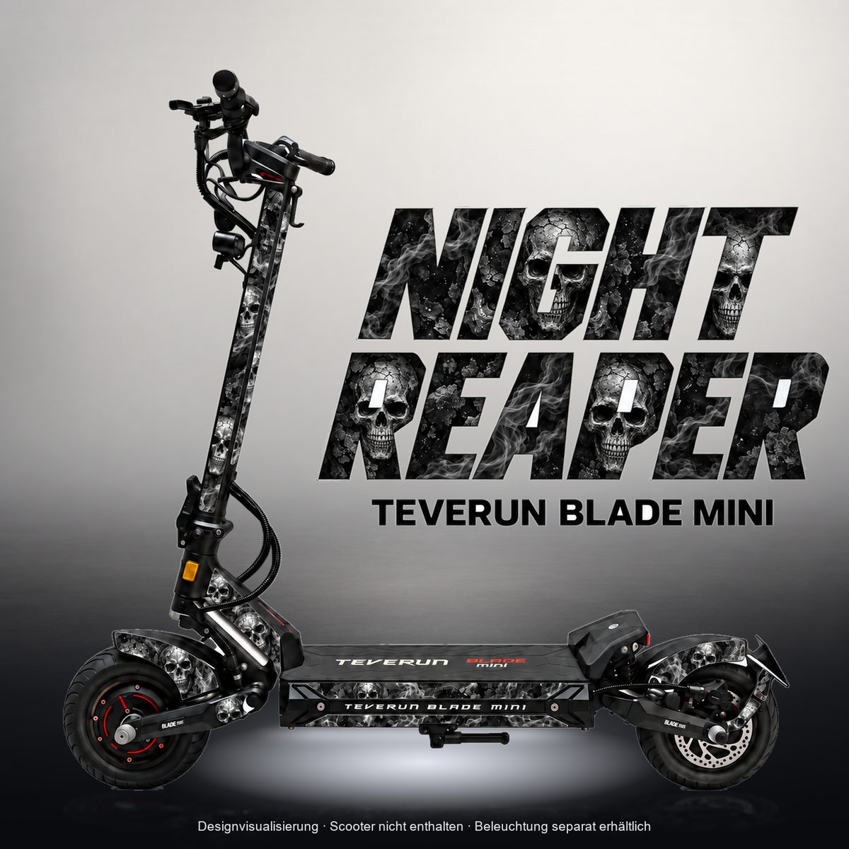 TEVERUN BLADE MINI / PRO / ULTRA SKIN | NIGHT REAPER – Studiofoto mit Licht in der Skinfarbe; Scooter und Beleuchtung separat erhältlich