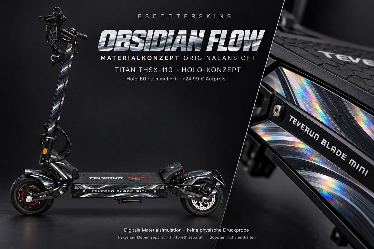 OBSIDIAN FLOW · Holo-Effekt simuliert · +24,99 € Aufpreis · Digitale Materialsimulation, keine physische Druckprobe · Trittbrett und Felgenaufkleber separat · Scooter nicht enthalten