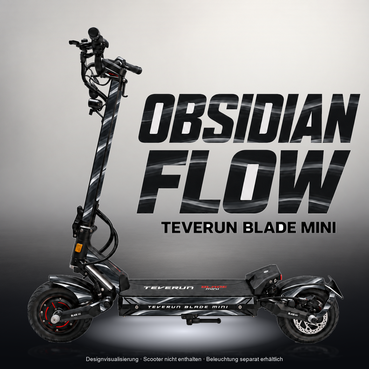TEVERUN BLADE MINI / PRO / ULTRA SKIN | OBSIDIAN FLOW – Studiofoto mit Licht in der Skinfarbe; Scooter und Beleuchtung separat erhältlich