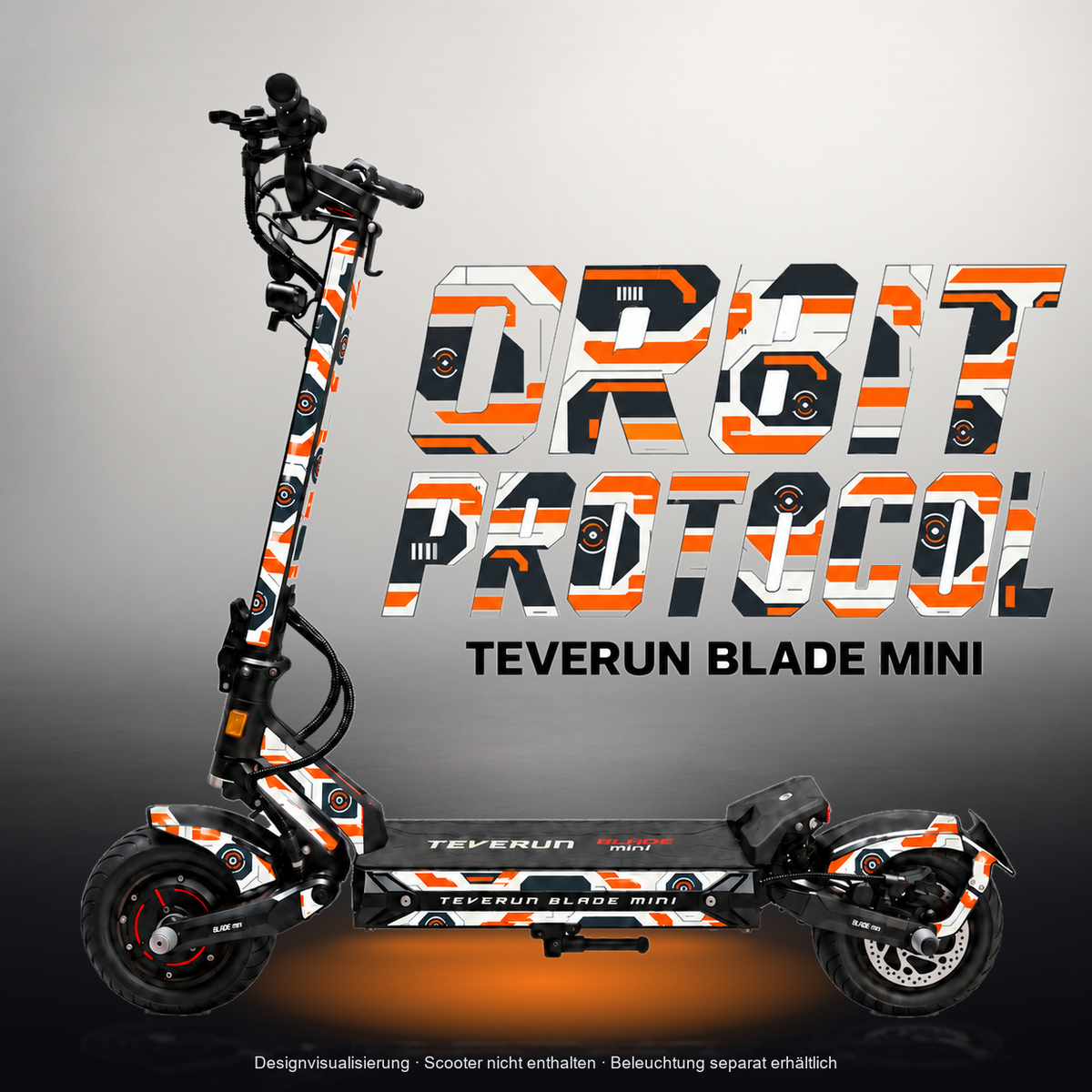 TEVERUN BLADE MINI / PRO / ULTRA SKIN | ORBIT PROTOCOL – Studiofoto mit Licht in der Skinfarbe; Scooter und Beleuchtung separat erhältlich