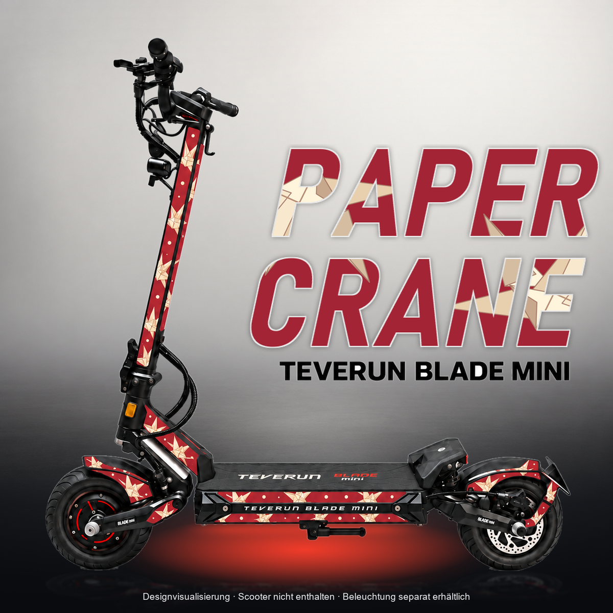 TEVERUN BLADE MINI / PRO / ULTRA SKIN | PAPER CRANE – Studiofoto mit Licht in der Skinfarbe; Scooter und Beleuchtung separat erhältlich