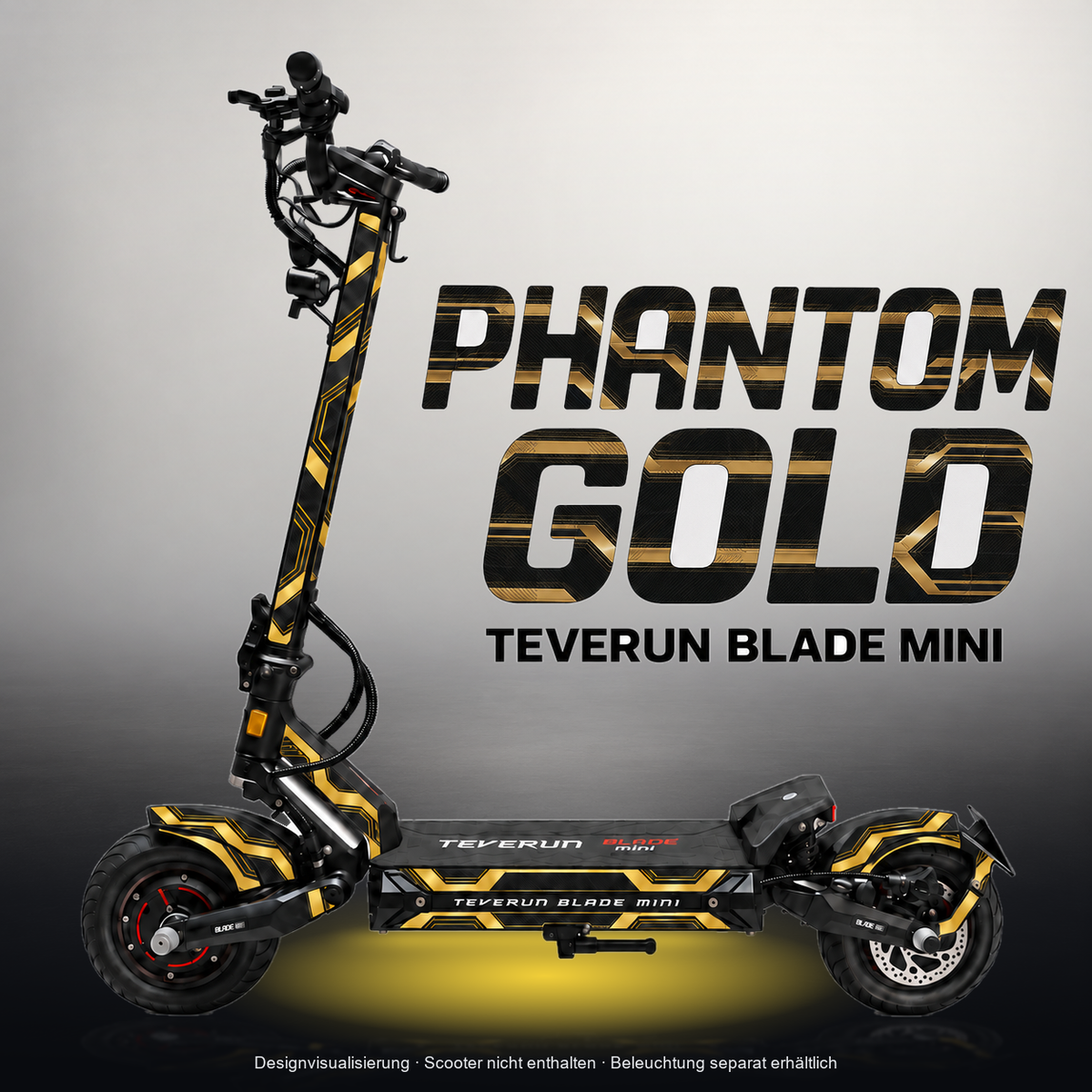 TEVERUN BLADE MINI / PRO / ULTRA SKIN | PHANTOM GOLD – Designvisualisierung mit Licht in der Skinfarbe; Scooter nicht enthalten, Beleuchtung separat erhältlich