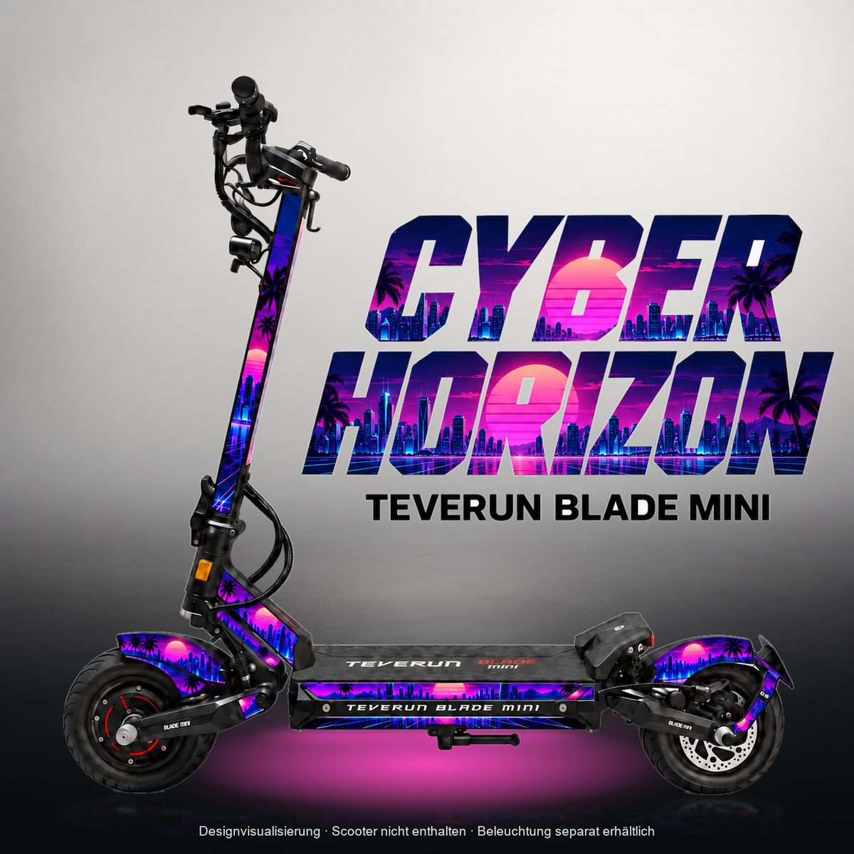 TEVERUN BLADE MINI / PRO / ULTRA SKIN | CYBER HORIZON – Designvisualisierung mit Licht in der Skinfarbe; Scooter nicht enthalten, Beleuchtung separat erhältlich