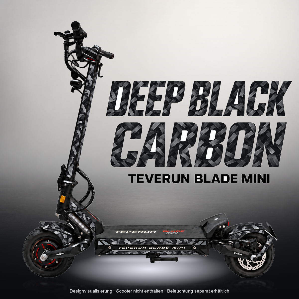 TEVERUN BLADE MINI / PRO / ULTRA SKIN | DEEP BLACK CARBON – Designvisualisierung mit Licht in der Skinfarbe; Scooter nicht enthalten, Beleuchtung separat erhältlich