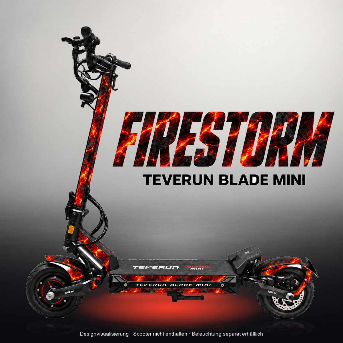TEVERUN BLADE MINI / PRO / ULTRA SKIN | FIRESTORM – Designvisualisierung mit Licht in der Skinfarbe; Scooter nicht enthalten, Beleuchtung separat erhältlich