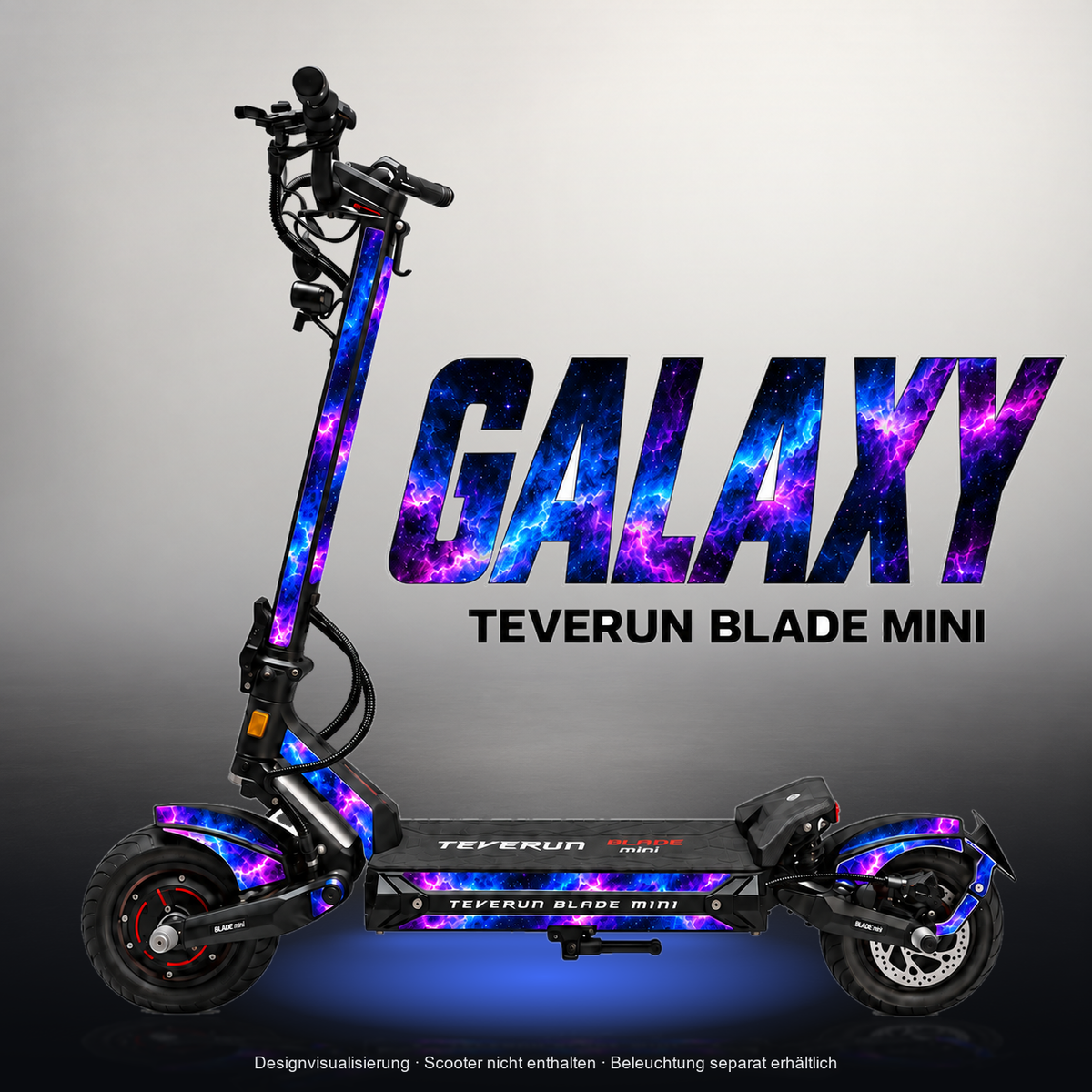 TEVERUN BLADE MINI / PRO / ULTRA SKIN | GALAXY – Designvisualisierung mit Licht in der Skinfarbe; Scooter nicht enthalten, Beleuchtung separat erhältlich