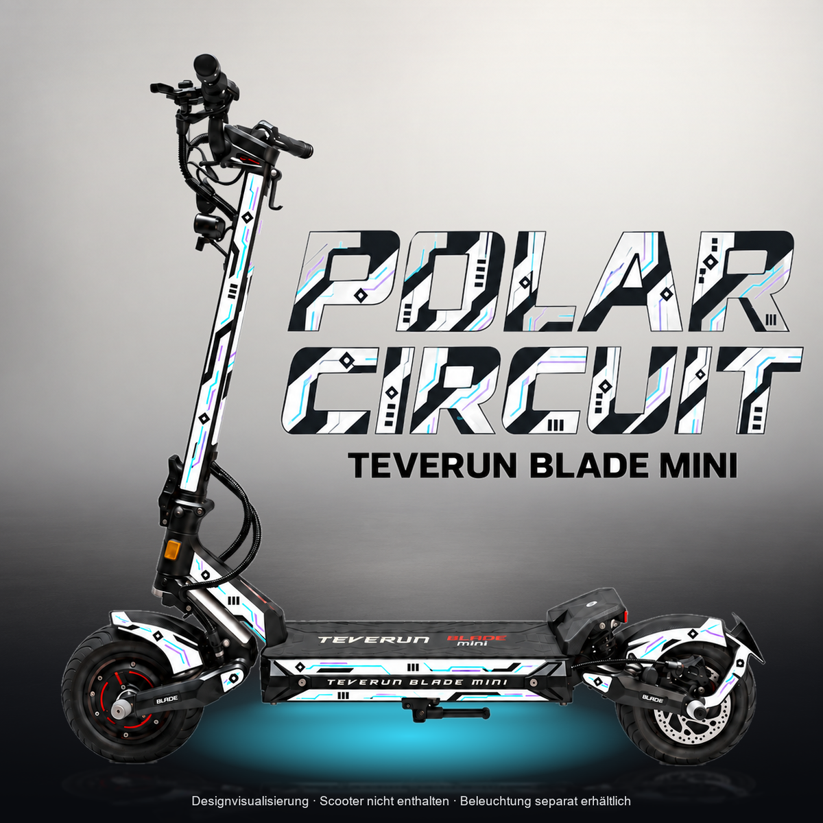 TEVERUN BLADE MINI / PRO / ULTRA SKIN | POLAR CIRCUIT – Designvisualisierung mit Licht in der Skinfarbe; Scooter nicht enthalten, Beleuchtung separat erhältlich
