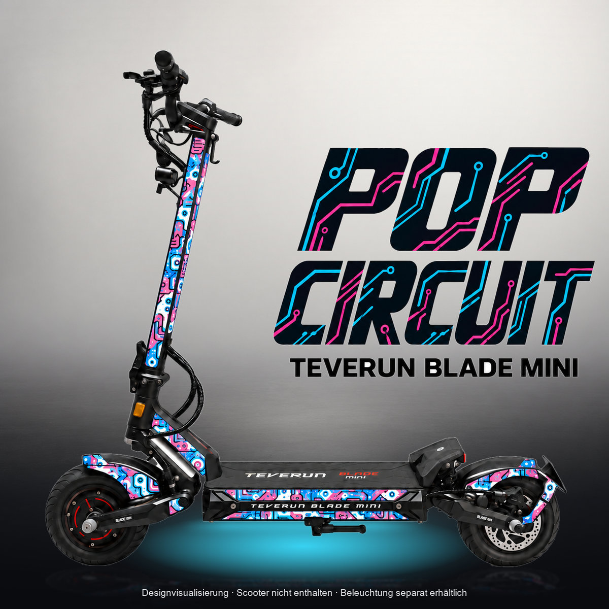 TEVERUN BLADE MINI / PRO / ULTRA SKIN | POP CIRCUIT – Designvisualisierung mit Licht in der Skinfarbe; Scooter nicht enthalten, Beleuchtung separat erhältlich