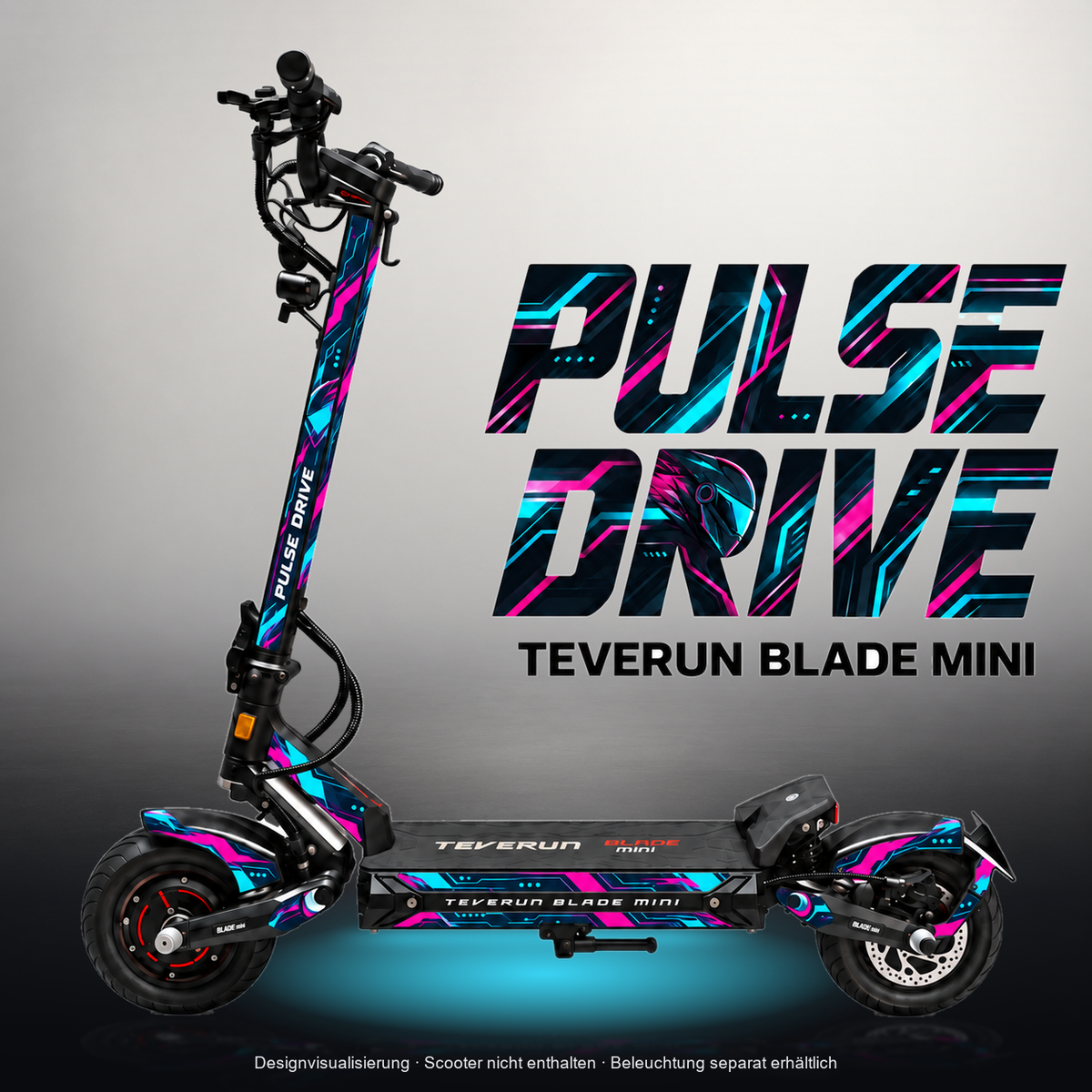 TEVERUN BLADE MINI / PRO / ULTRA SKIN | PULSE DRIVE – Designvisualisierung mit Licht in der Skinfarbe; Scooter nicht enthalten, Beleuchtung separat erhältlich