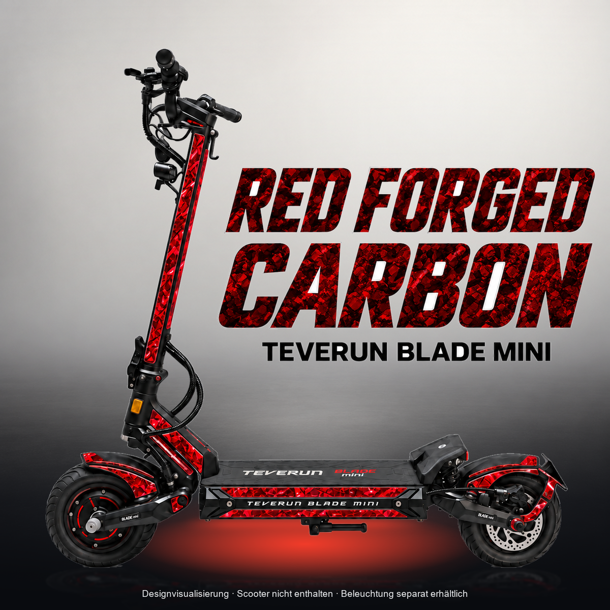 TEVERUN BLADE MINI / PRO / ULTRA SKIN | RED FORGED CARBON – Designvisualisierung mit Licht in der Skinfarbe; Scooter nicht enthalten, Beleuchtung separat erhältlich