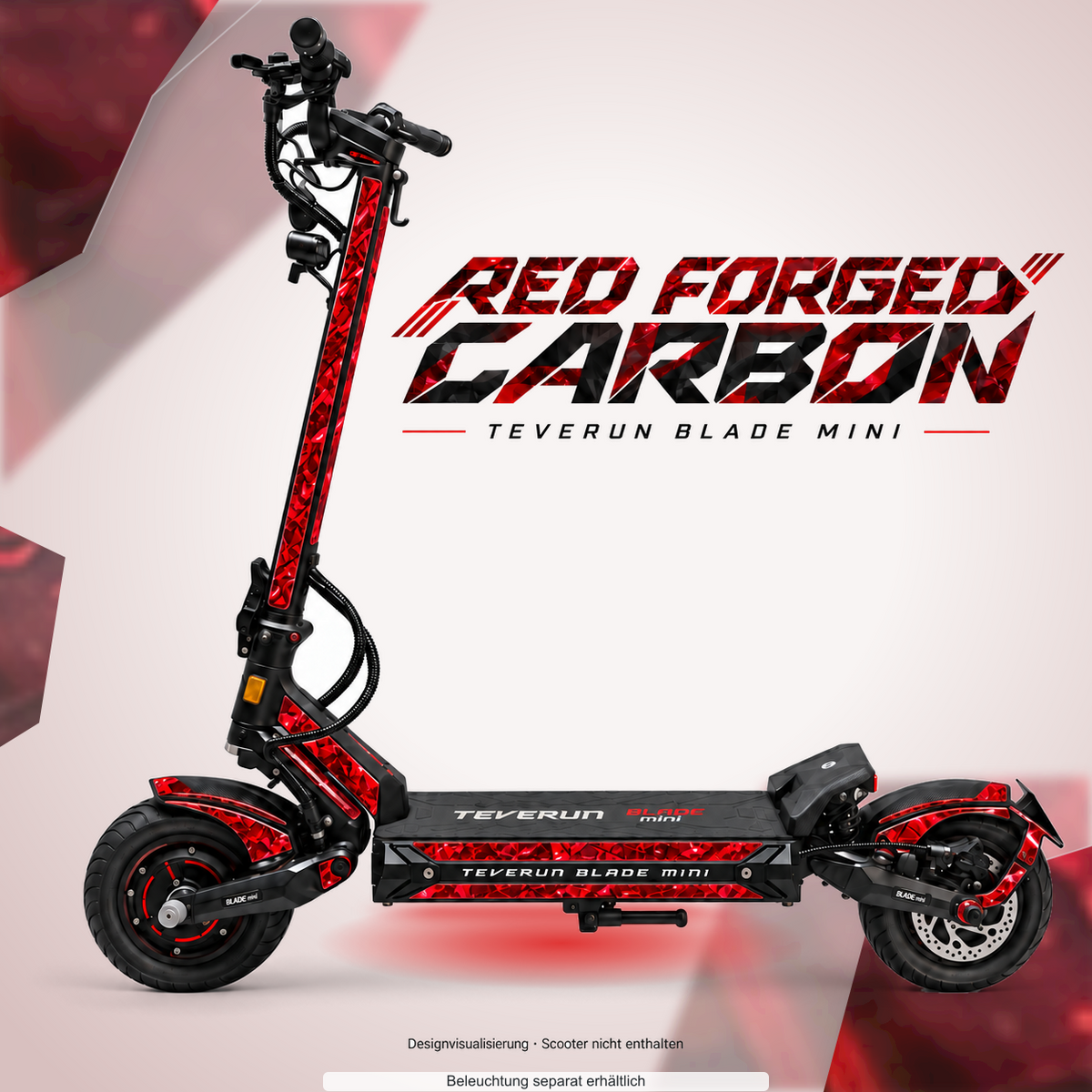 TEVERUN BLADE MINI / PRO / ULTRA SKIN | RED FORGED CARBON – Designvisualisierung mit optionalem Lichteffekt. Beleuchtung und Reifenaufkleber separat erhältlich. Scooter nicht enthalten.