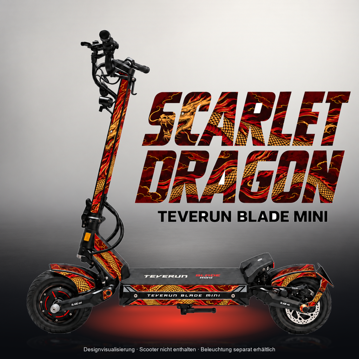 TEVERUN BLADE MINI / PRO / ULTRA SKIN | SCARLET DRAGON – Studiofoto mit Licht in der Skinfarbe; Scooter und Beleuchtung separat erhältlich