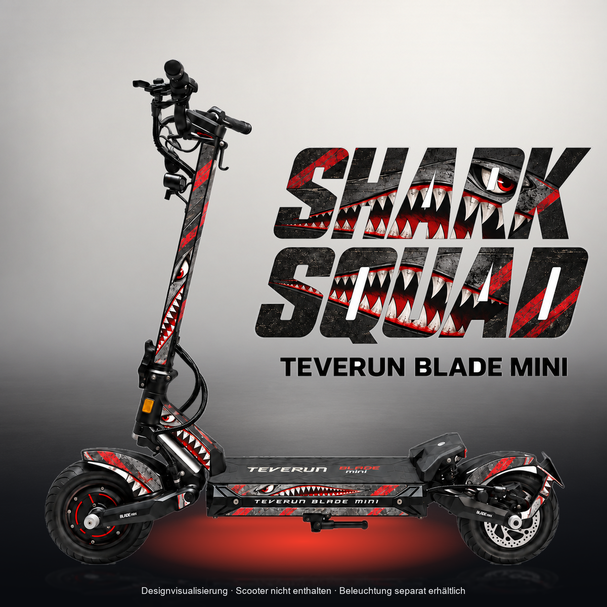 TEVERUN BLADE MINI / PRO / ULTRA SKIN | SHARK SQUAD – Studiofoto mit Licht in der Skinfarbe; Scooter und Beleuchtung separat erhältlich