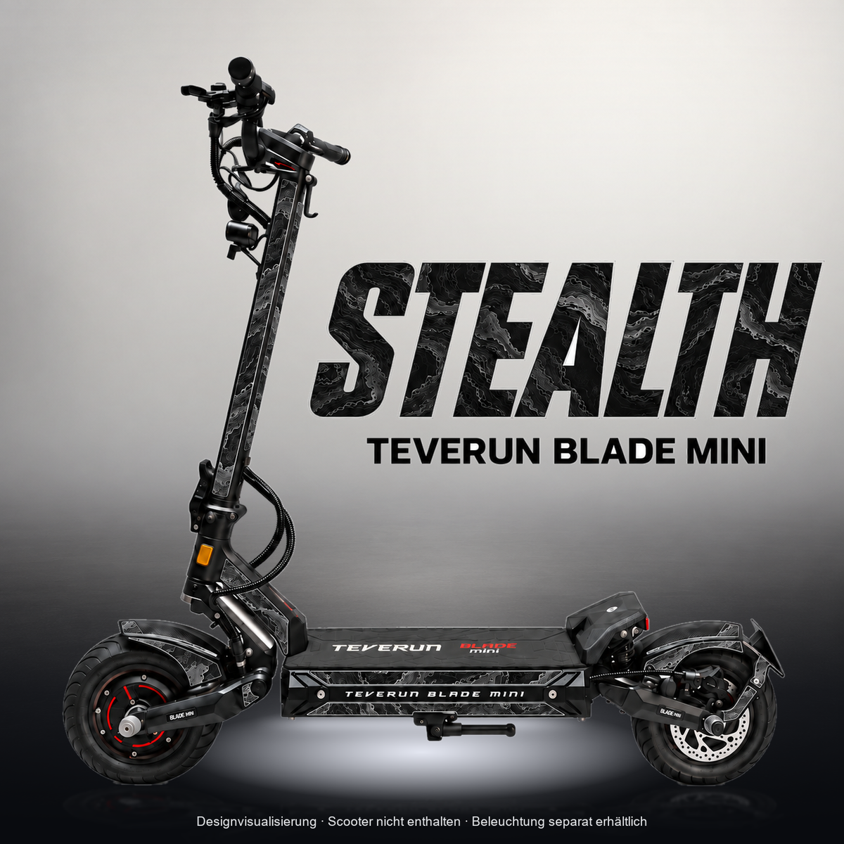 TEVERUN BLADE MINI / PRO / ULTRA SKIN | STEALTH – Studiofoto mit Licht in der Skinfarbe; Scooter und Beleuchtung separat erhältlich