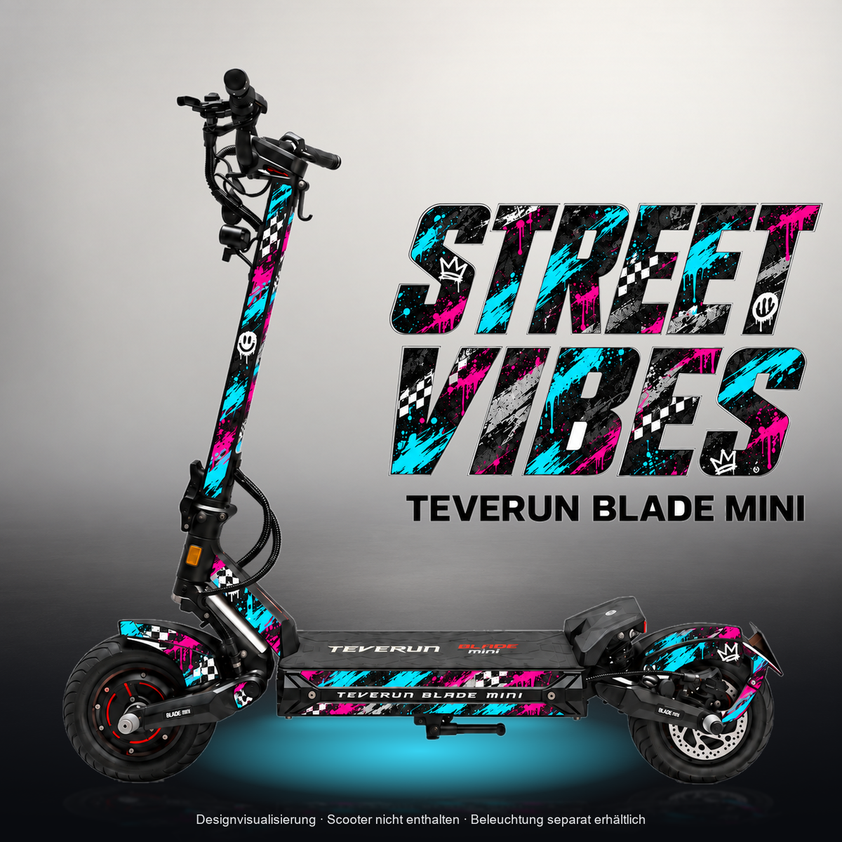 TEVERUN BLADE MINI / PRO / ULTRA SKIN | STREET VIBES – Studiofoto mit Licht in der Skinfarbe; Scooter und Beleuchtung separat erhältlich