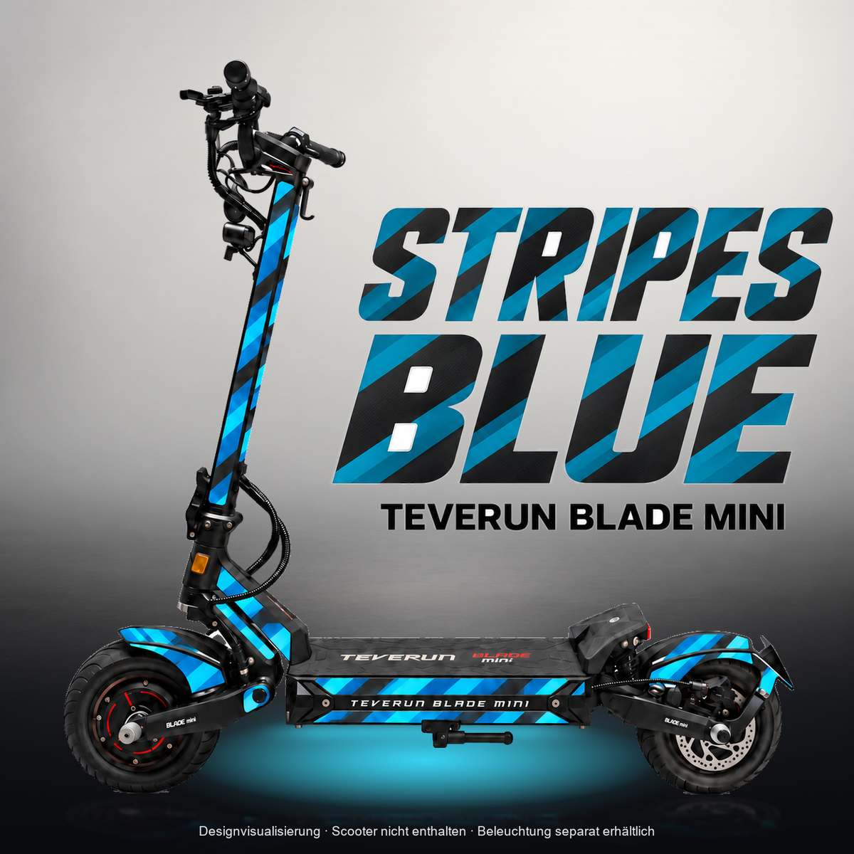 TEVERUN BLADE MINI / PRO / ULTRA SKIN | STRIPES BLUE – Studiofoto mit Licht in der Skinfarbe; Scooter und Beleuchtung separat erhältlich