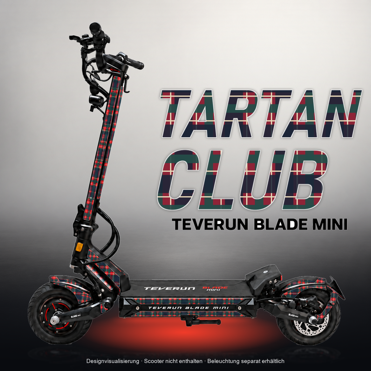 TEVERUN BLADE MINI / PRO / ULTRA SKIN | TARTAN CLUB – Studiofoto mit Licht in der Skinfarbe; Scooter und Beleuchtung separat erhältlich