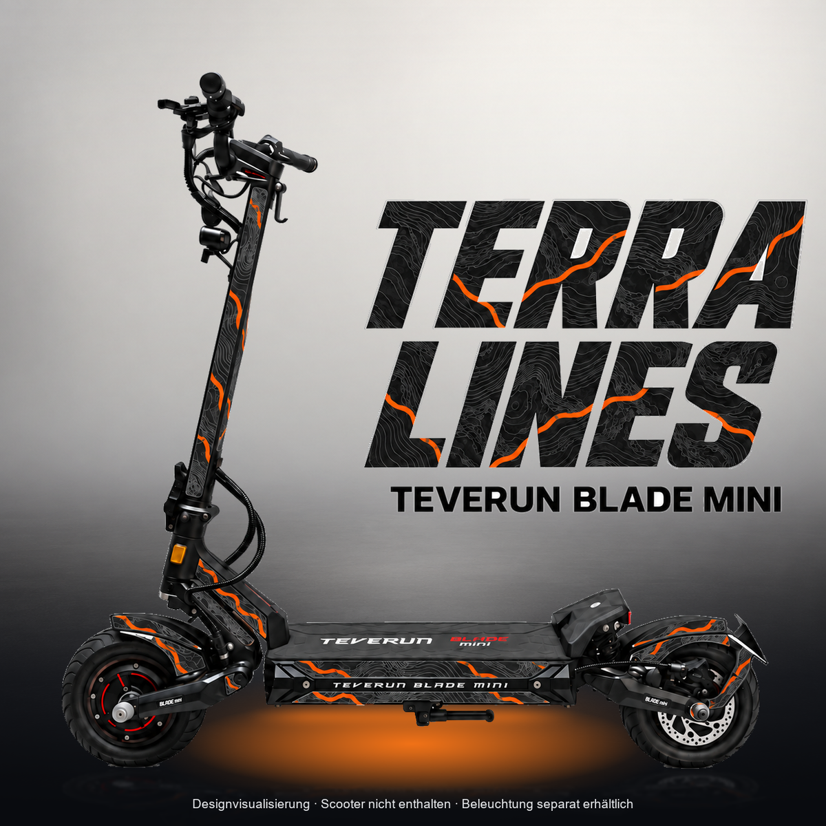TEVERUN BLADE MINI / PRO / ULTRA SKIN | TERRA LINES – Studiofoto mit Licht in der Skinfarbe; Scooter und Beleuchtung separat erhältlich