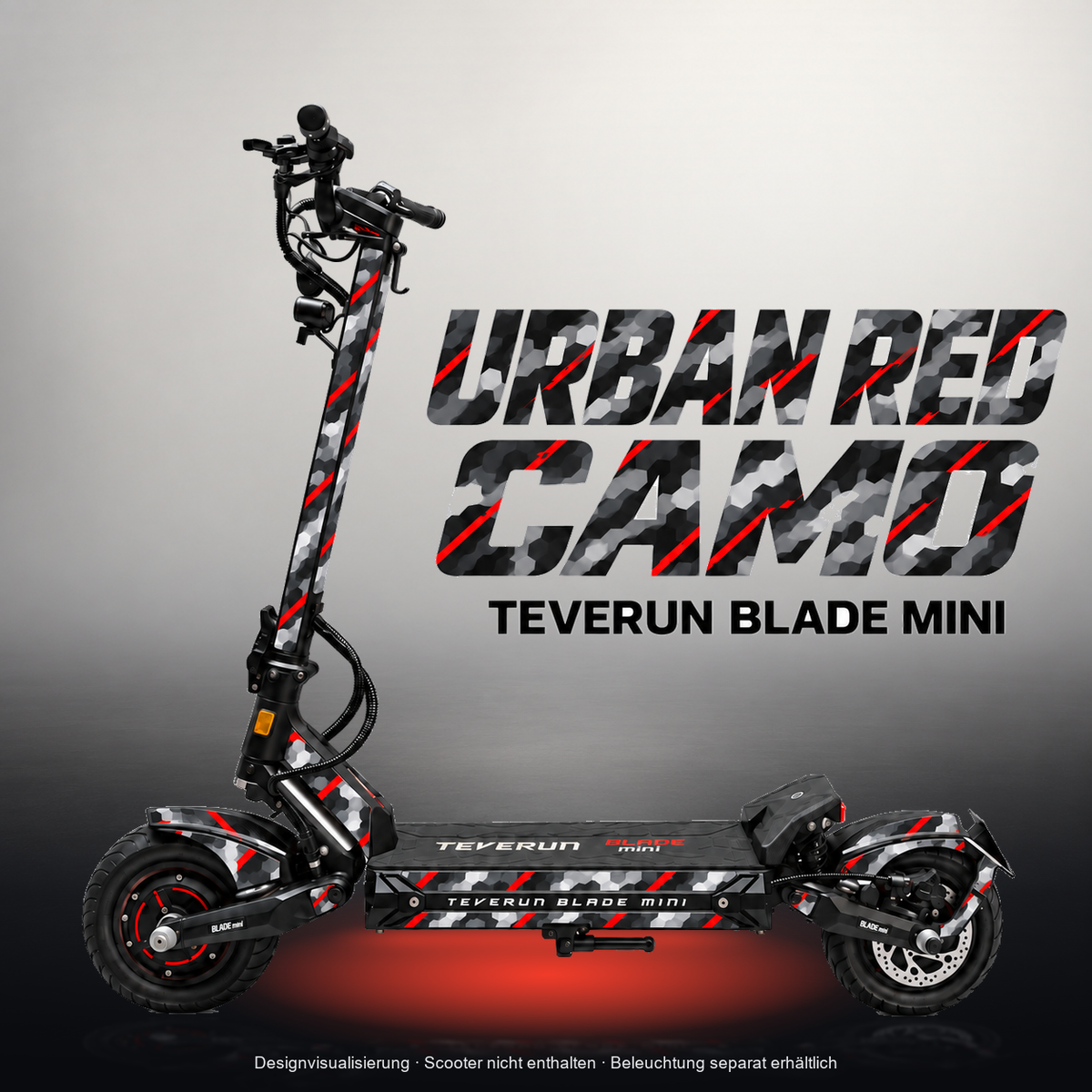 TEVERUN BLADE MINI / PRO / ULTRA SKIN | URBAN RED CAMO – Designvisualisierung mit Licht in der Skinfarbe; Scooter nicht enthalten, Beleuchtung separat erhältlich