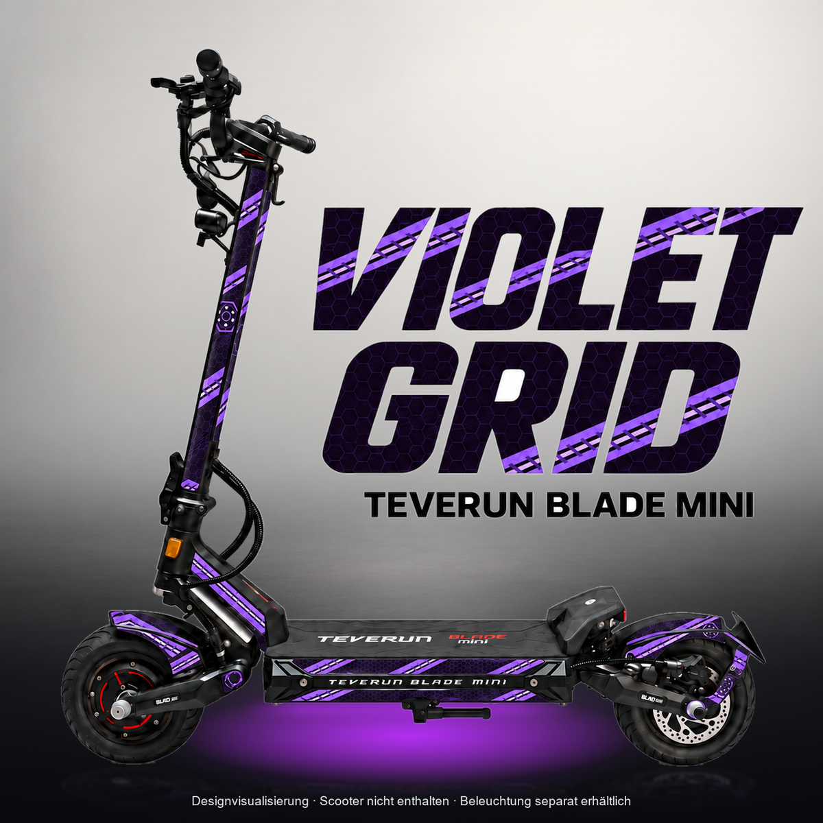 TEVERUN BLADE MINI / PRO / ULTRA SKIN | VIOLET GRID – Designvisualisierung mit Licht in der Skinfarbe; Scooter nicht enthalten, Beleuchtung separat erhältlich