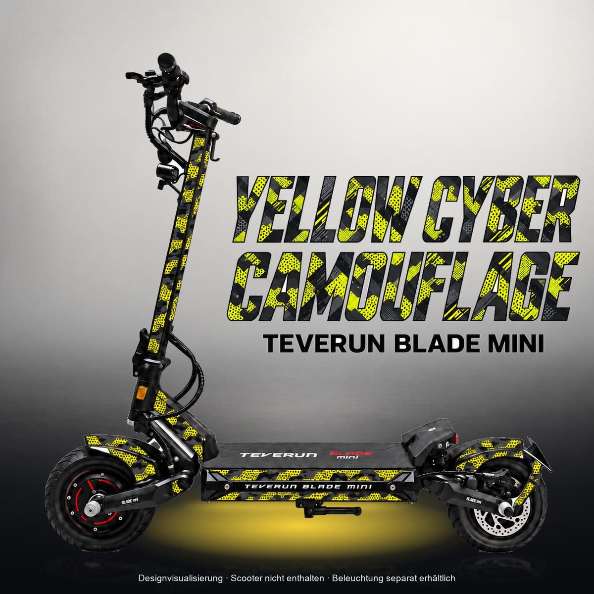 TEVERUN BLADE MINI / PRO / ULTRA SKIN | YELLOW CYBER CAMOUFLAGE – Designvisualisierung mit Licht in der Skinfarbe; Scooter nicht enthalten, Beleuchtung separat erhältlich