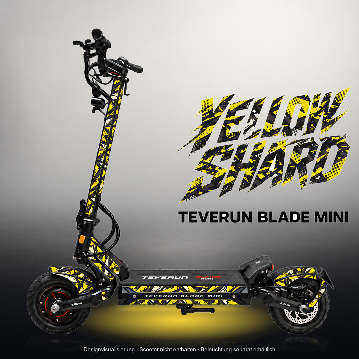 TEVERUN BLADE MINI / PRO / ULTRA SKIN | YELLOW SHARD – Designvisualisierung mit Licht in der Skinfarbe; Scooter nicht enthalten, Beleuchtung separat erhältlich