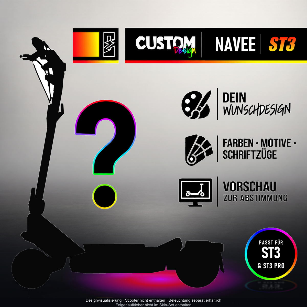 NAVEE ST3 / ST3 PRO SKIN | CUSTOM – Designvisualisierung mit Licht in der Skinfarbe; Scooter nicht enthalten, Beleuchtung separat erhältlich