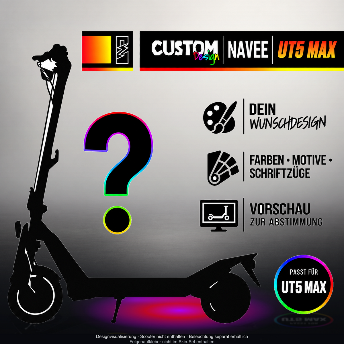 NAVEE UT5 MAX SKIN | CUSTOM – Designvisualisierung mit Licht in der Skinfarbe; Scooter nicht enthalten, Beleuchtung separat erhältlich
