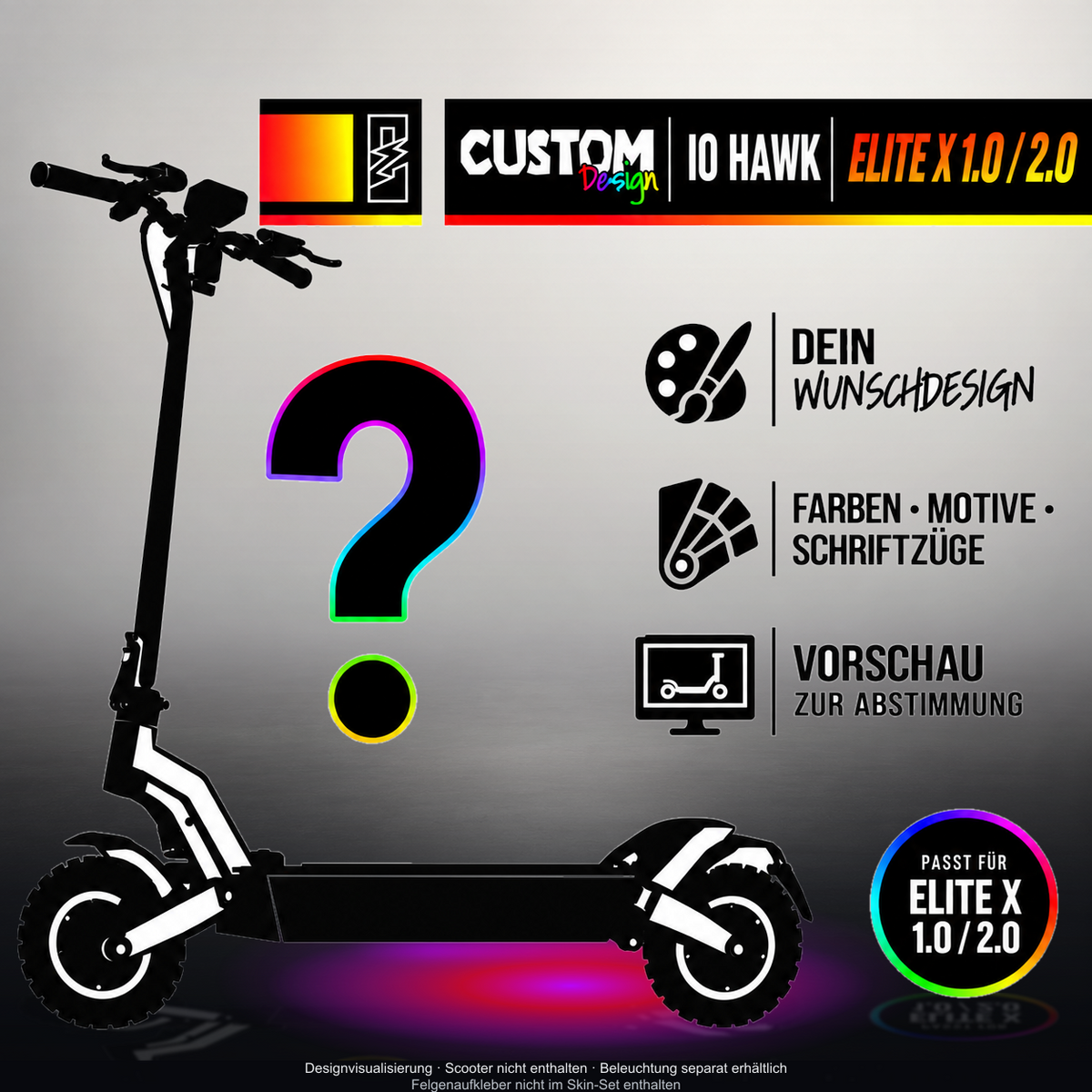 IO HAWK ELITE X 1.0 / 2.0 SKIN | CUSTOM – Designvisualisierung mit Licht in der Skinfarbe; Scooter nicht enthalten, Beleuchtung separat erhältlich