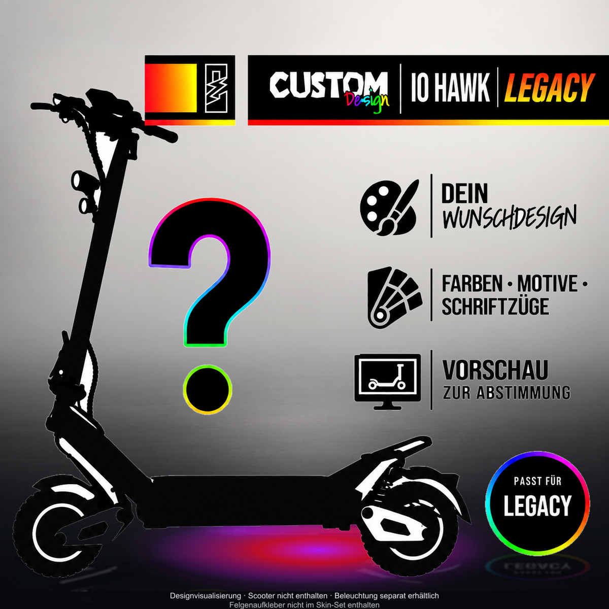 IO HAWK LEGACY SKIN | CUSTOM – Designvisualisierung mit Licht in der Skinfarbe; Scooter nicht enthalten, Beleuchtung separat erhältlich