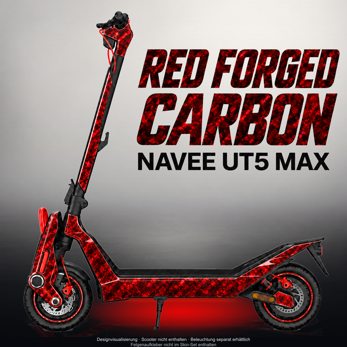 NAVEE UT5 MAX SKIN | RED FORGED CARBON – Designvisualisierung mit Licht in der Skinfarbe; Scooter nicht enthalten, Beleuchtung separat erhältlich