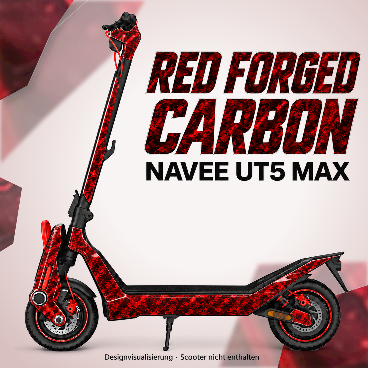 NAVEE UT5 Max Skin RED FORGED CARBON – Designvisualisierung. Reifenaufkleber separat erhältlich. Scooter nicht enthalten.