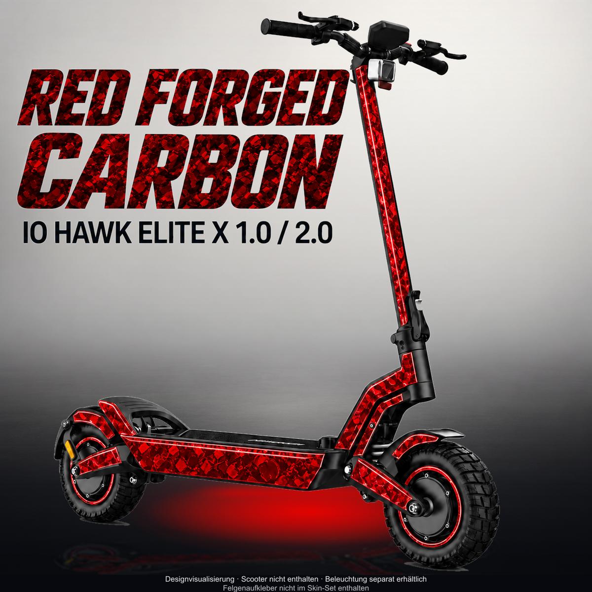 IO HAWK ELITE X 1.0 / 2.0 SKIN | RED FORGED CARBON – Designvisualisierung mit Licht in der Skinfarbe; Scooter nicht enthalten, Beleuchtung separat erhältlich