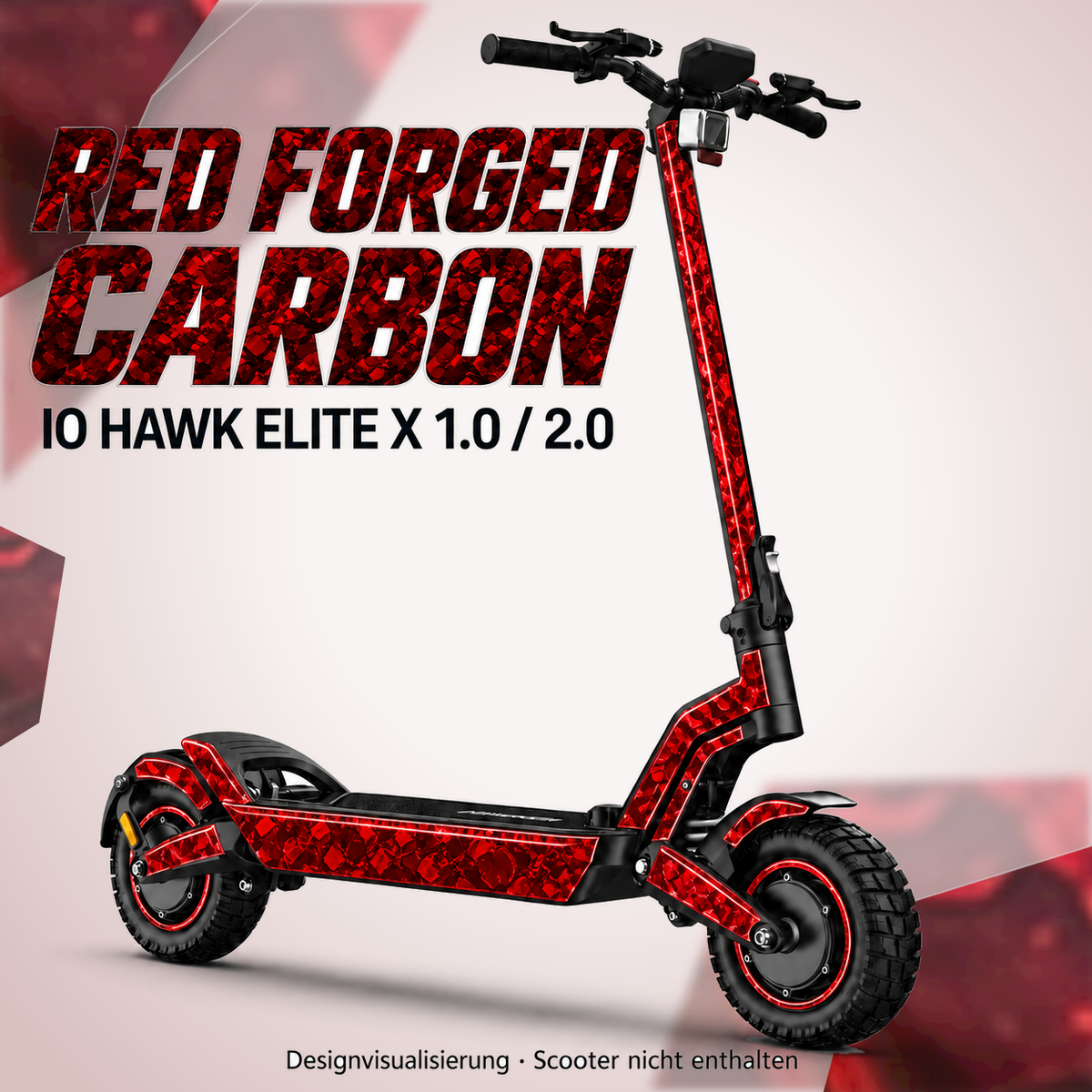 IO HAWK Elite X 1.0 / 2.0 Skin RED FORGED CARBON – Designvisualisierung. Reifenaufkleber separat erhältlich. Scooter nicht enthalten.