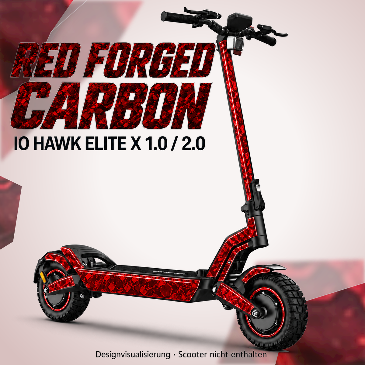 IO HAWK Elite X 1.0 / 2.0 Skin RED FORGED CARBON – Designvisualisierung. Reifenaufkleber separat erhältlich. Scooter nicht enthalten.