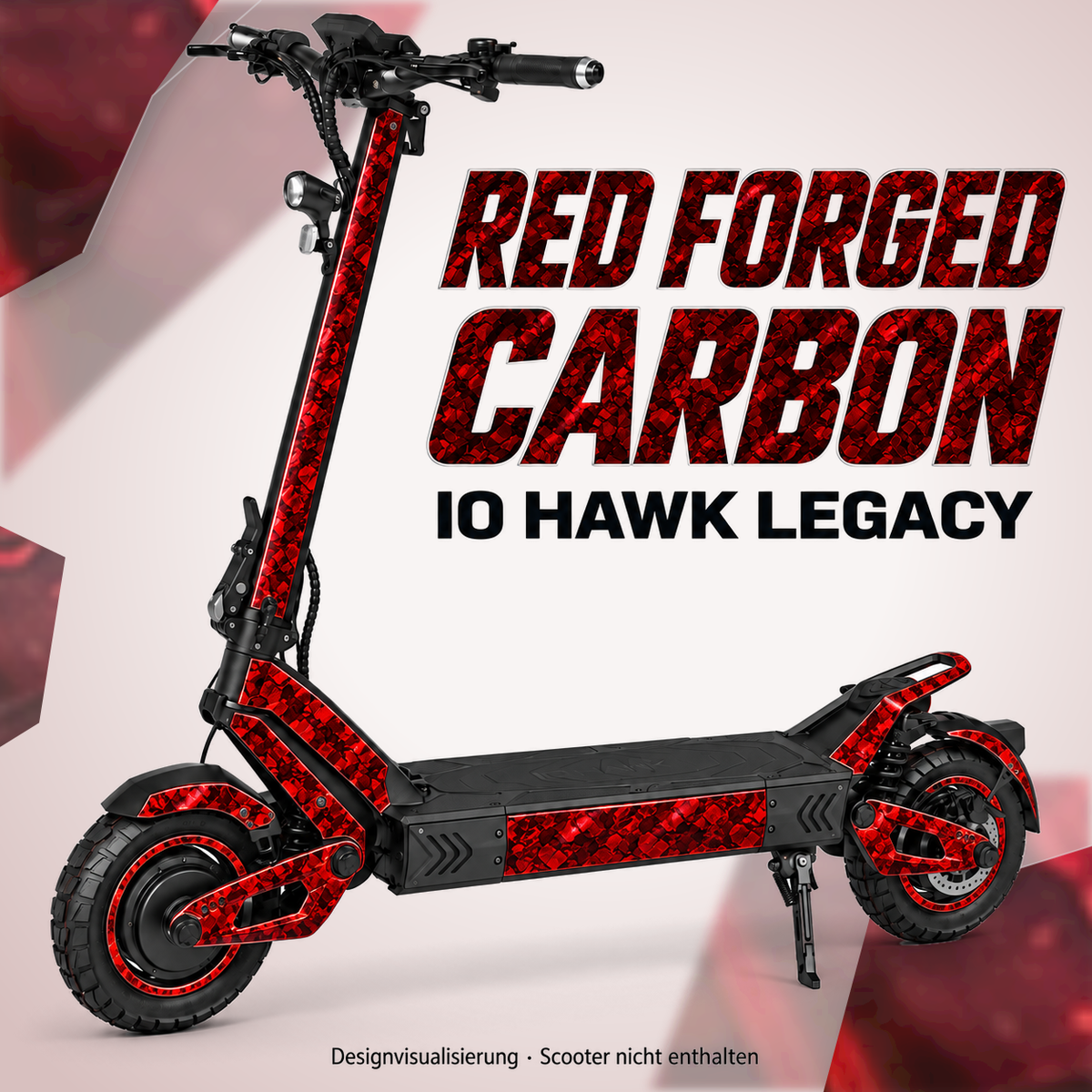 IO HAWK Legacy Skin RED FORGED CARBON – Designvisualisierung. Reifenaufkleber separat erhältlich. Scooter nicht enthalten.